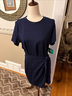 NEW Navy Tie-Waist Knit Dress w tags XL  stretch nice fabric would fit 10-16